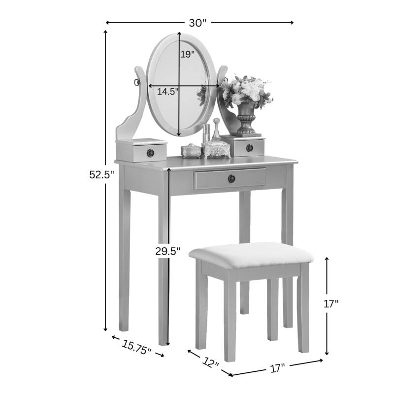 Bedroom Makeup Vanity Desk and Stool Set, Vanity Set Includes Dressing Table, Swivel Adjustable Oval Mirror and Stool