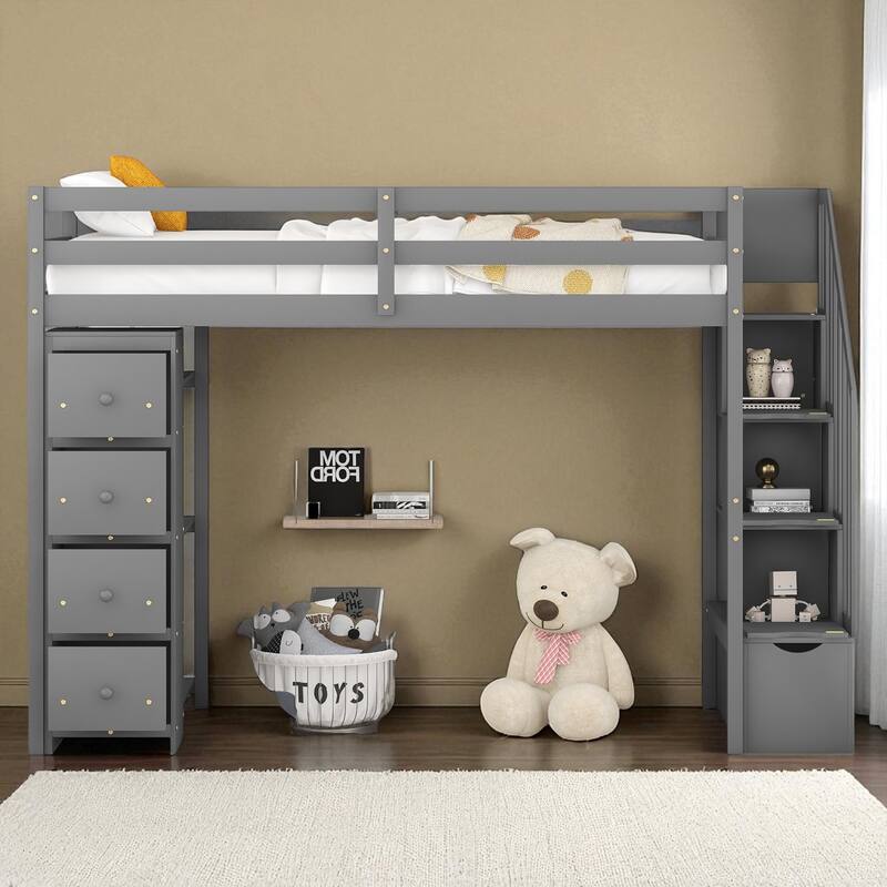 Twin Size Wooden Loft Bed with Drawers, Shelves, and Stairs for Kids Teens, No Box Spring Required