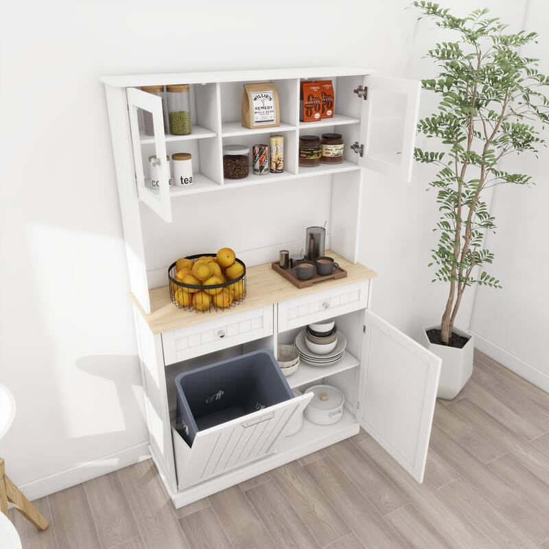 Anmytek 67.7" Tall White Kitchen Storage Cabinet with Tilt Out Trash, 2 Drawers & Adjustable Shelves