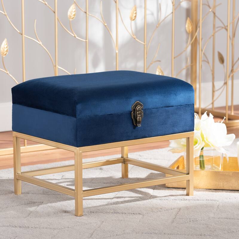 Aliana Glam and Luxe Velvet and Gold Metal Small Storage Ottoman