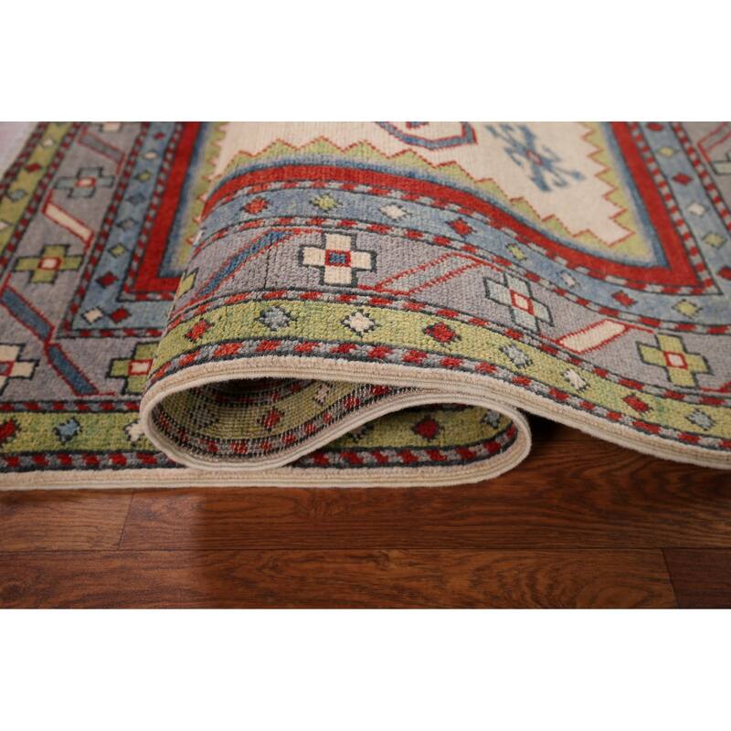 Ivory Geometric Kazak Oriental Foyer Rug Handmade Wool Carpet - 3'3" x 4'11"
