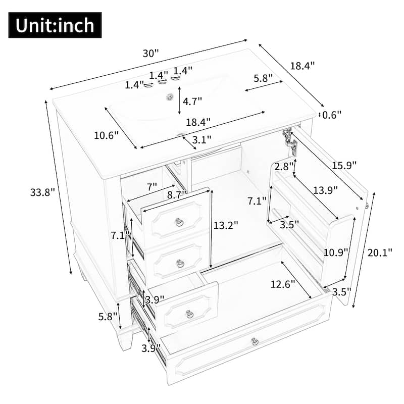 30-In Bathroom Vanity with Ceramic Sink,Soft-Close Door