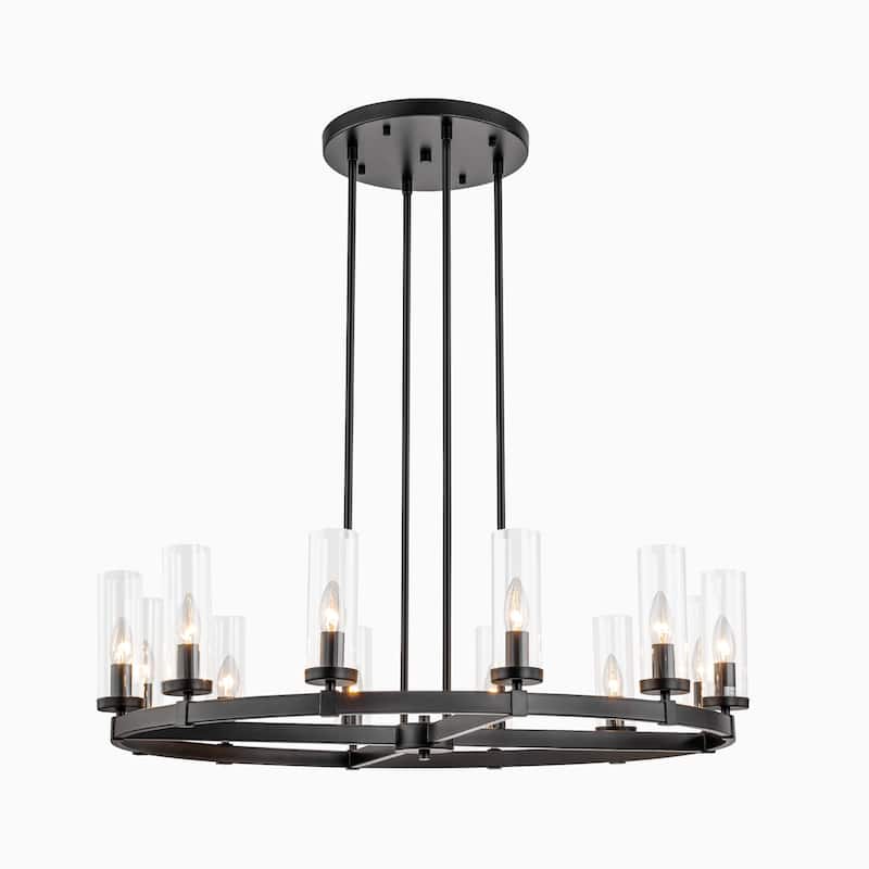 12-Light Mid-Century Modern Gold/Black Clear Glass Large Wagon Wheel Chandelier for Dining Room/ Living Room