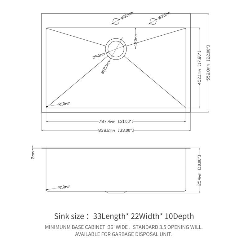 33 Inch Drop-in 16 Gauge Single Bowl Stainless Steel Kitchen Sink in Brushed Nickel - 33'' x 22'' x 10''