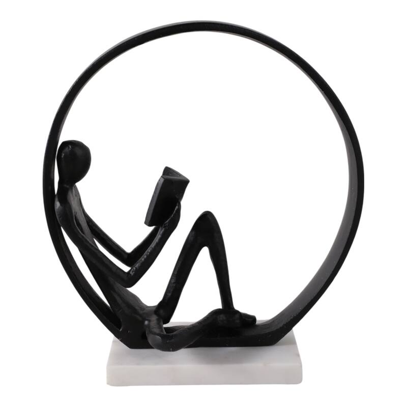 Metal Marble Sculpture Human Figure in Circular Frame - 11" Black - 9.75" x 4.75" x 11"