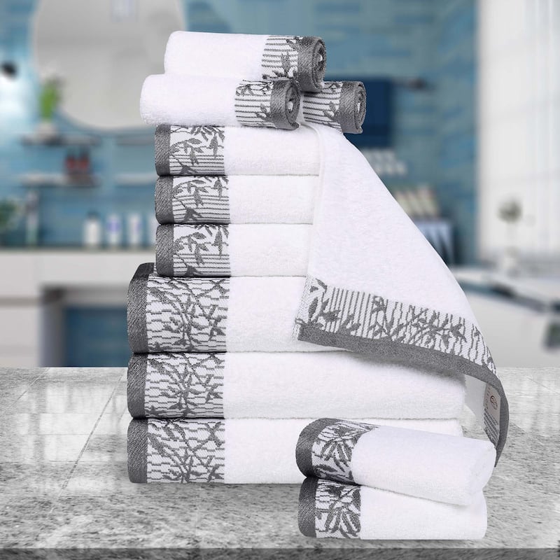 Superior Wisteria Cotton Floral Jacquard 12 Piece Bathroom Towel Set - White/Grey