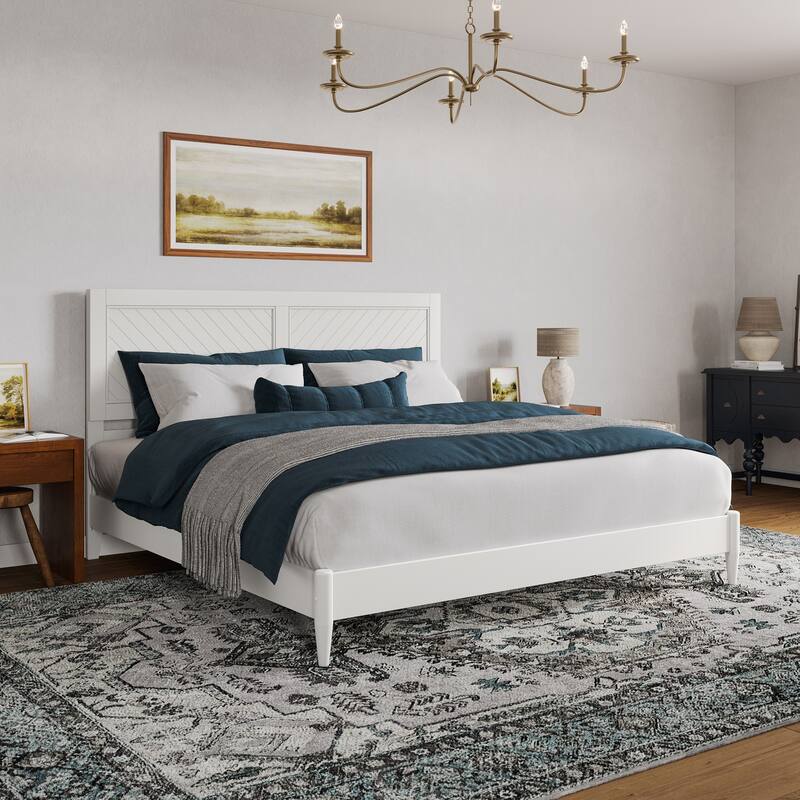 King Size Wood Platform Bed - Low Profile Modern Bed Frame, White Finish