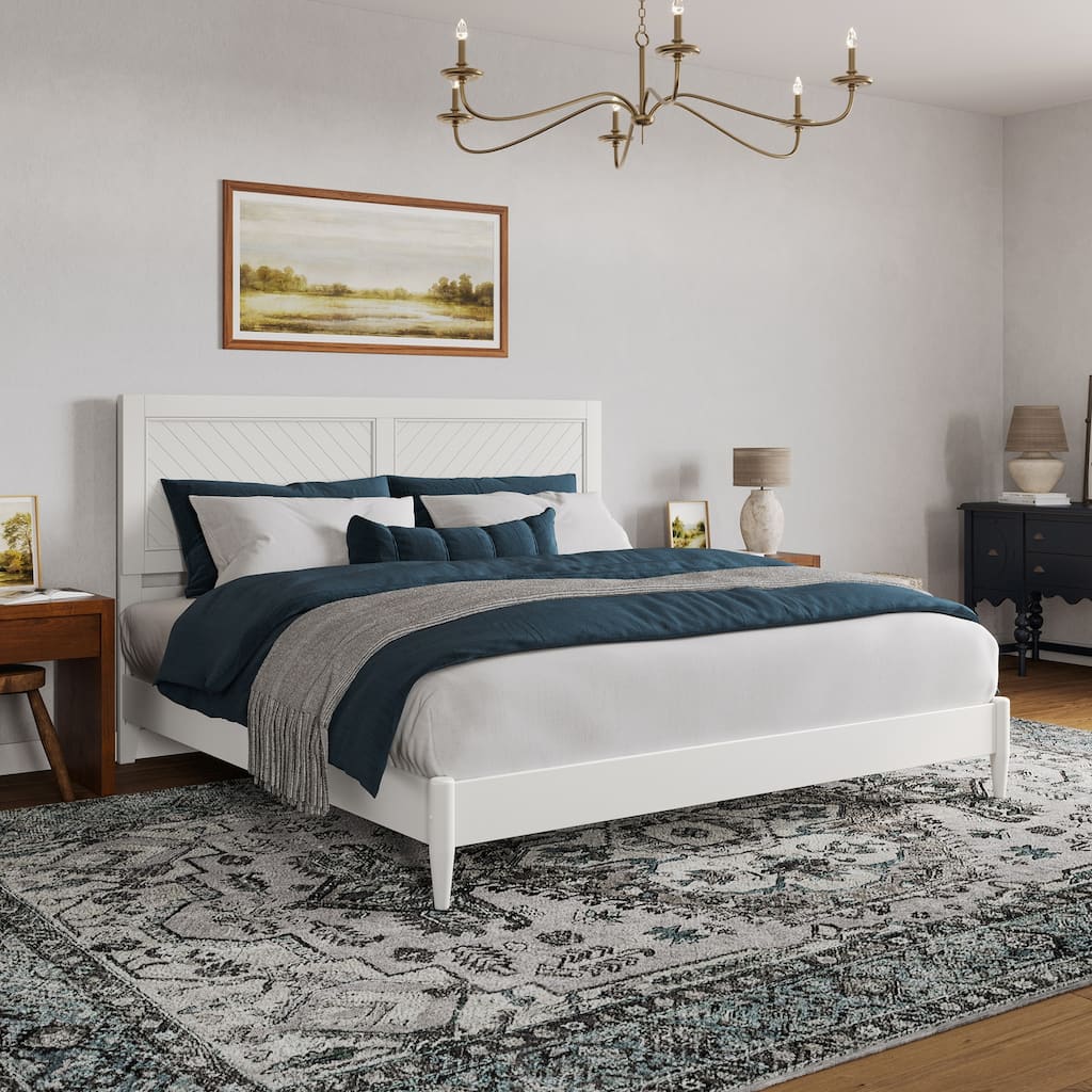 King Size Wood Platform Bed - Low Profile Modern Bed Frame, White Finish