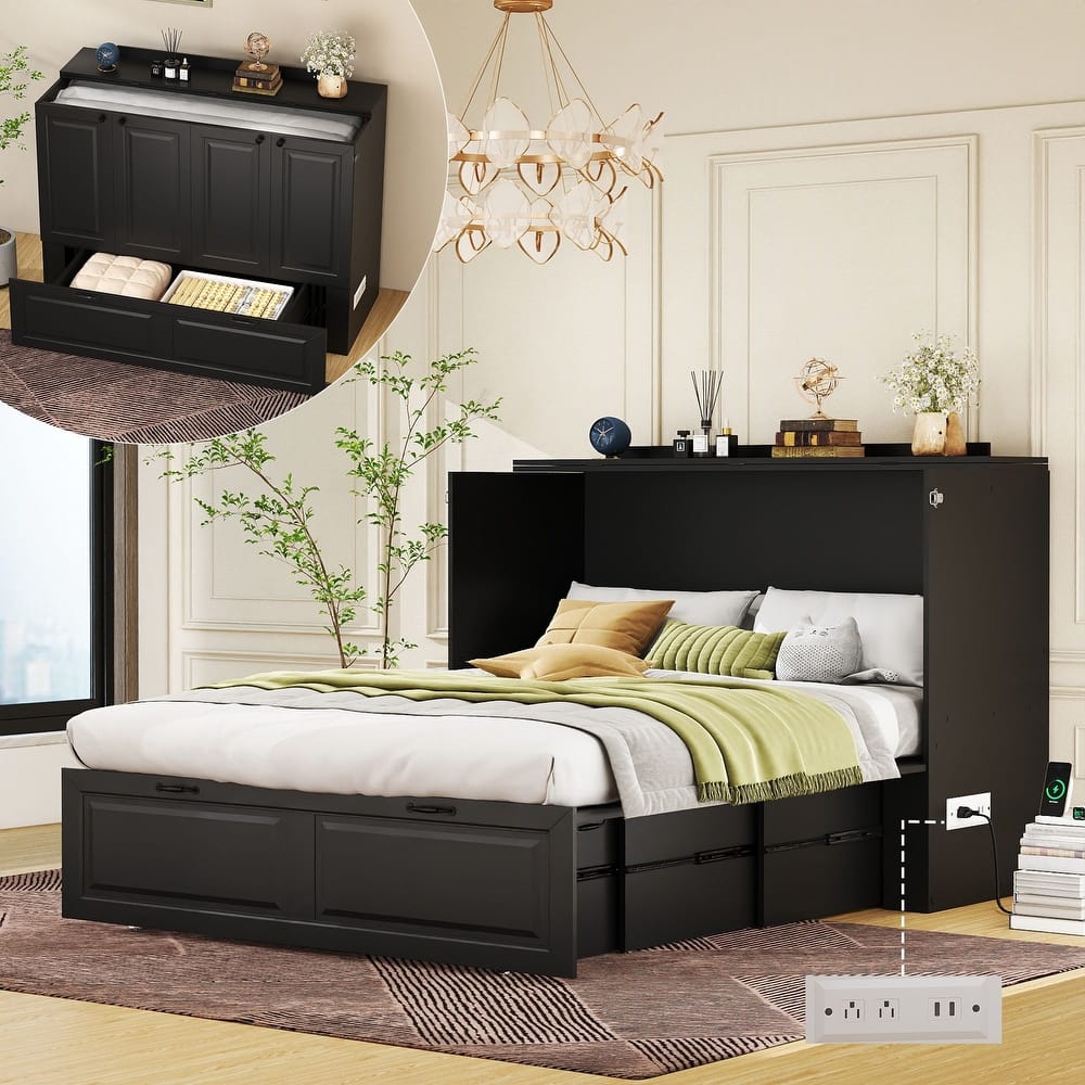 Murphy Bed Cabinet with Charging Port and Storage Drawer, White