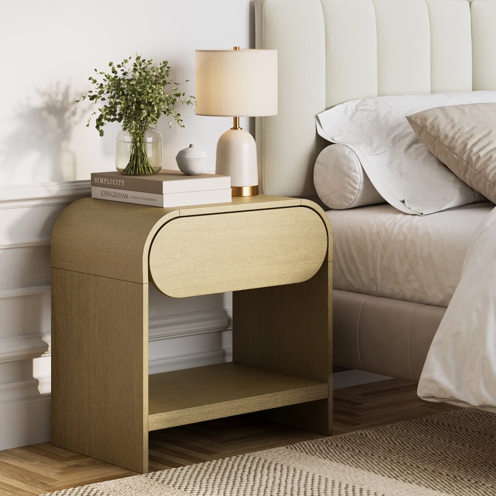 Iris Mid-Century Modern Nightstand with Drawer, Wooden Bedside Table for Bedroom or Living Room with Rounded Silhouette