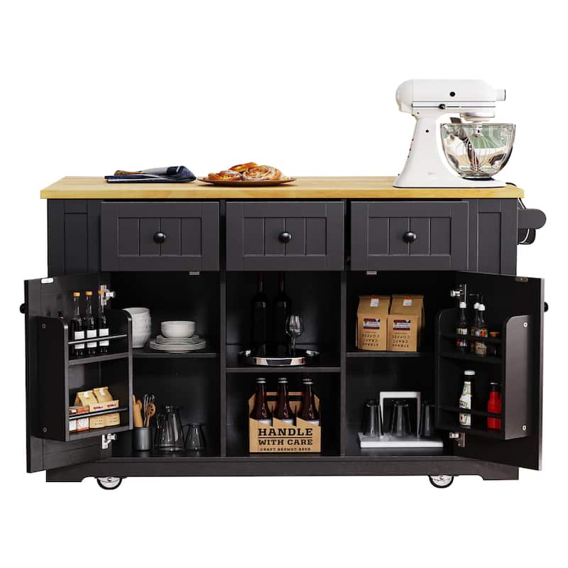 Kitchen Island on 5 Wheels with Drop Leaf, Kitchen Island Cart with Power Outlet, Movable Carts with Internal Storage Rack