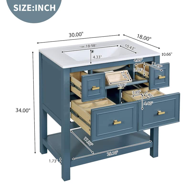 30" Freestanding Bathroom Vanity with Ceramic Sink, 5 Drawers, Solid Wood Frame, Blue and Gold Finish, Storage Cabinet