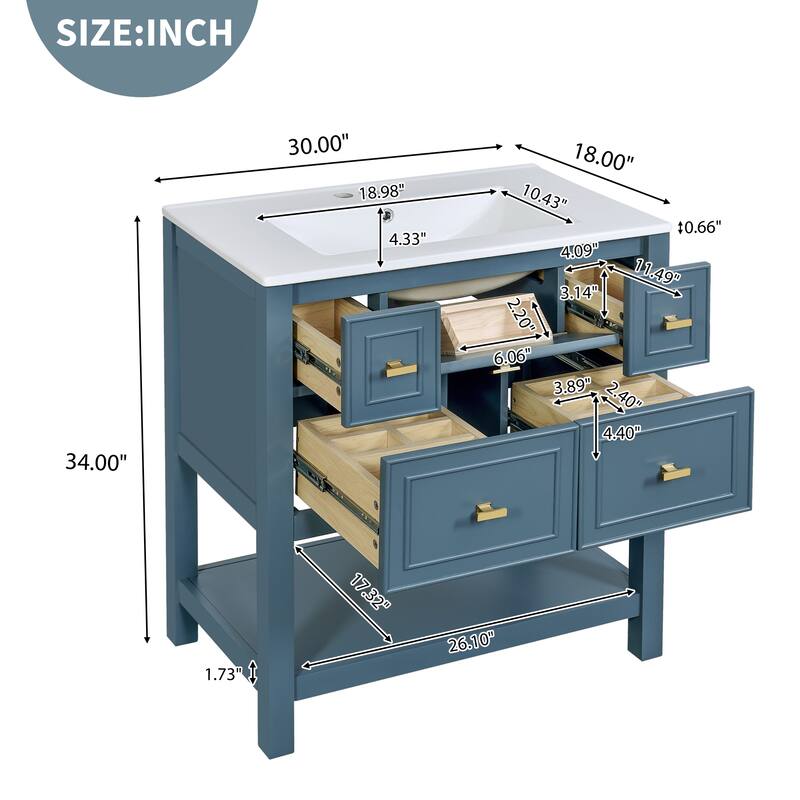 GDFStudio - Brookline Modern Freestanding Bathroom Vanity Set with Ceramic Sink and 5 Storage Drawers - 30'W