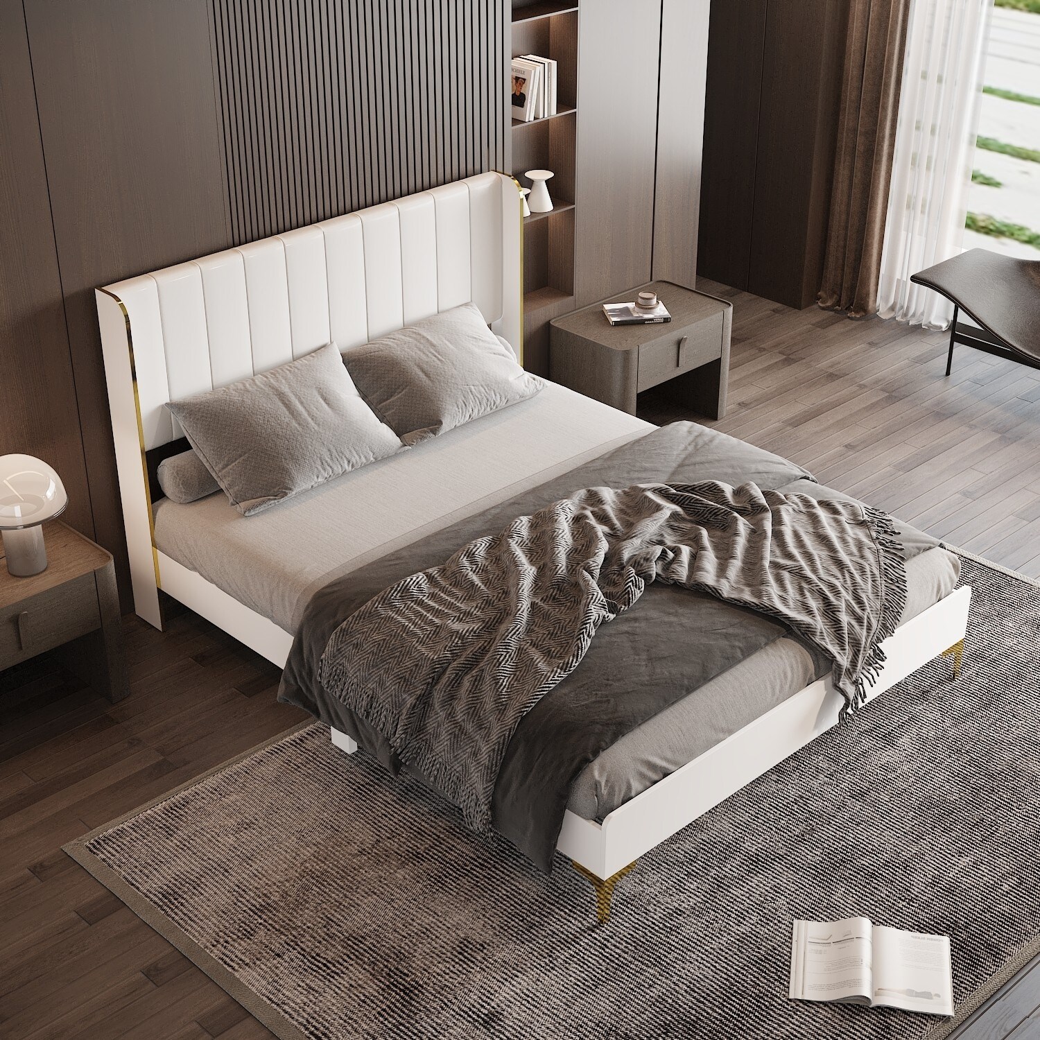 新品head board TALENT 154 White Bed Frame: PU - Upholstered Headboard with Exquisite Gold