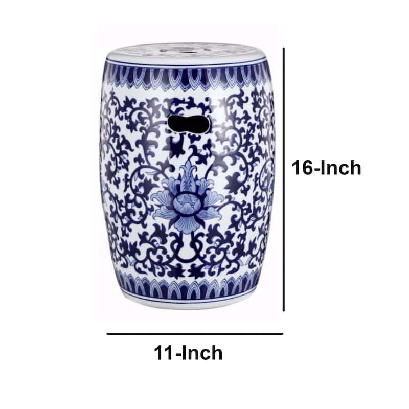 11 Inch Garden Stool, Ceramic Drum Shape, Blue, White Floral Pattern