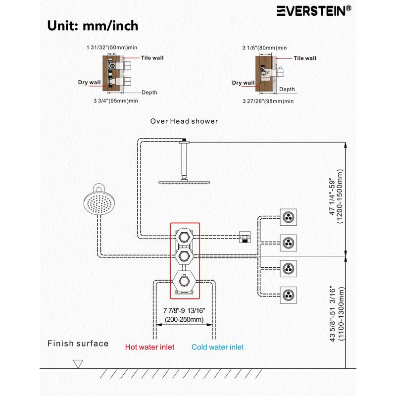 Dual Heads Thermostatic Shower Faucet with 12" Rainfall Shower, Handhels Spray And Body Jets - 12" x 6"