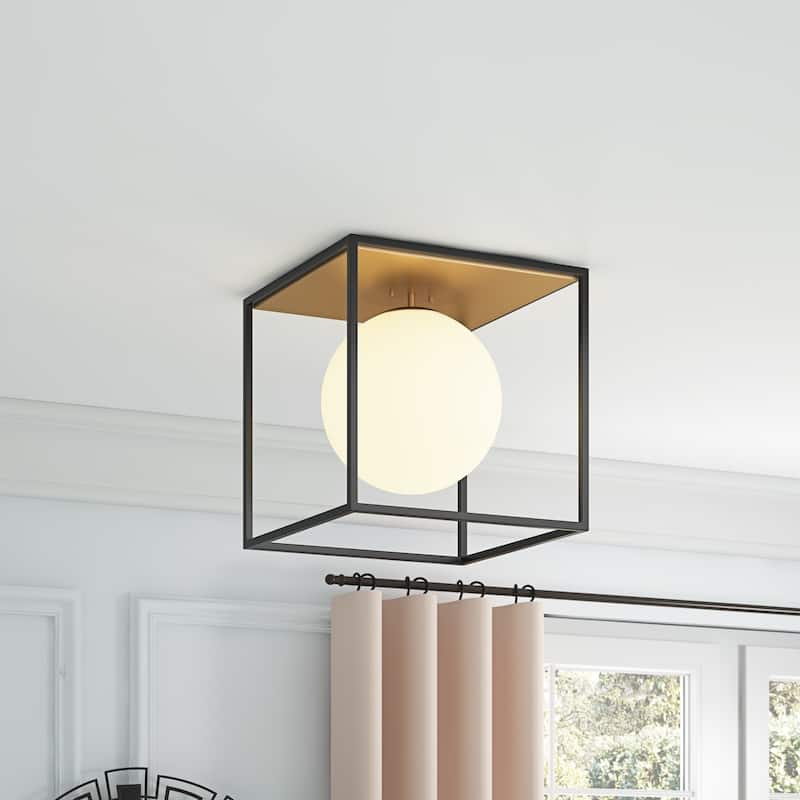 1-Light Metal Cube Frame Flush Mount Ceiling Light with Globe Glass Shade