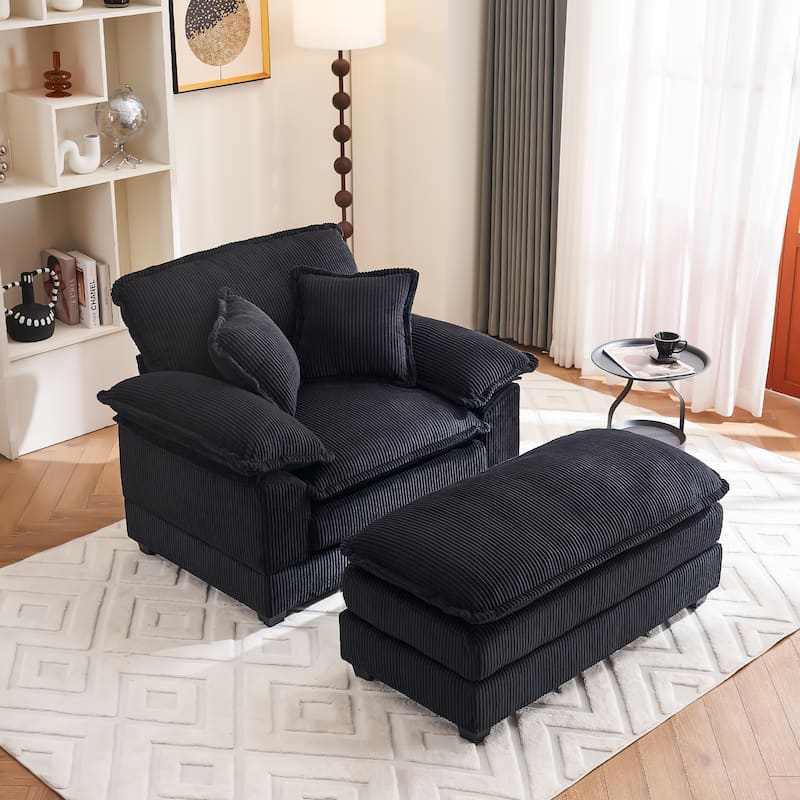 46.8Inch Corduroy single sofa With 2 toss pillows and a ottoman ,Comfy Sofa- Deep Seat Couch for Living Room - Black