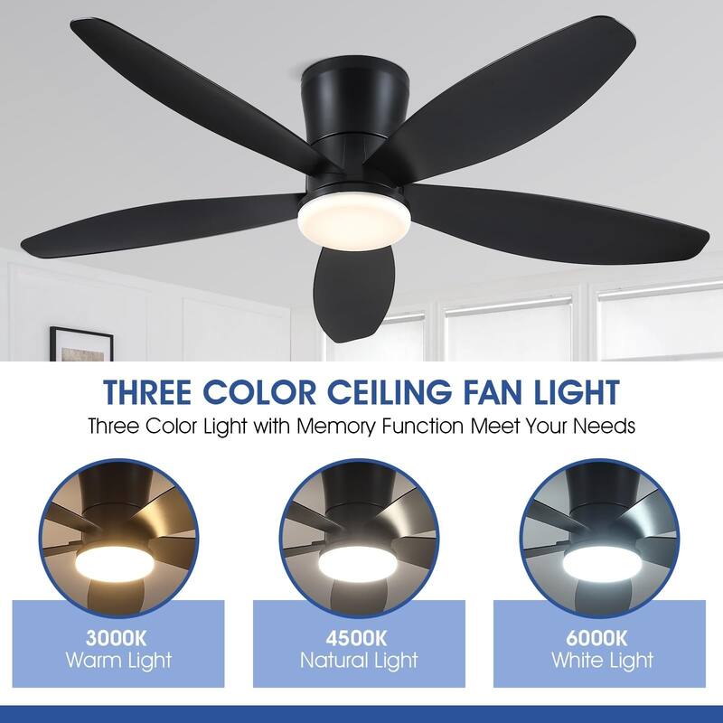36"/42"/48" Low Profile Ceiling Fan with ABS Blades 3 Color LED Flush Mount for Bedroom Living Room APP and Remote Control
