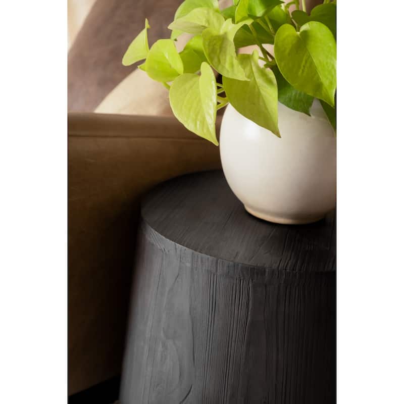 Solid Wood Round End Table with Drum Base Distressed Finish - 15.5” x 13” x 18.5” (D x W x H)