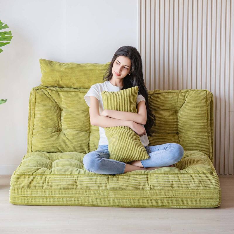 Corduroy Bean Bag Bed Tufted Folding Sofa Bed with Pillows