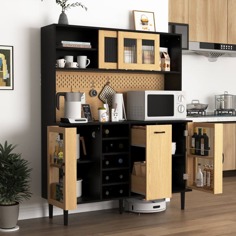 Kitchen Pantry Cabinet with Storage Doors, Coffee Bar Cabinet with Power Outlet, Buffet Sideboard Cabinet with Wine Rack