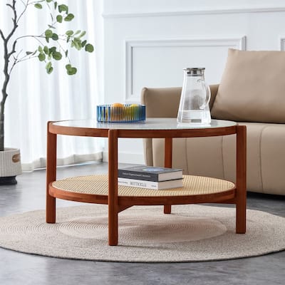 Modern minimalist circular double-layer solid wood coffee table, craft glass tabletop
