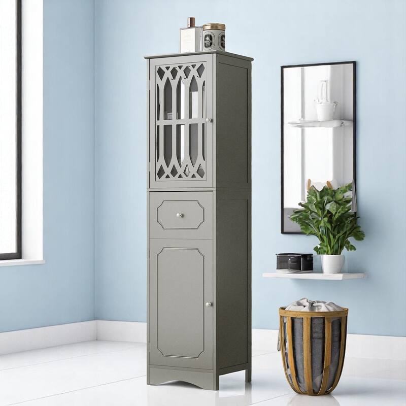 Freestanding Bathroom Storage Cabinet with 2 Doors and Drawer, Adjustable Shelf, Acrylic Panel, MDF Frame - Grey