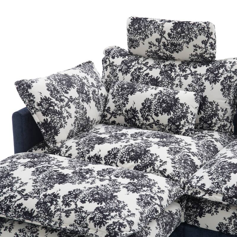 Blue Chenille Sectional Sofa with Floral Fabric, 4-Seater L-Shaped Couch with Adjustable Headrests, Pillows, and Chaise Lounge