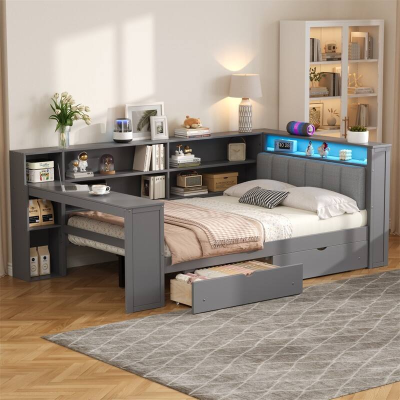 Twin/Full Size Daybed with LED Light, Side Desk and 2 Drawers, Wooden Sofa Bed with Storage Shelves and Upholstered Headboard