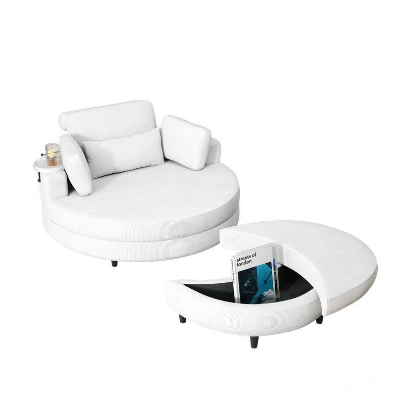 51-inch corduroy sofa with two throw pillows and a waist pillow with an extra tray
