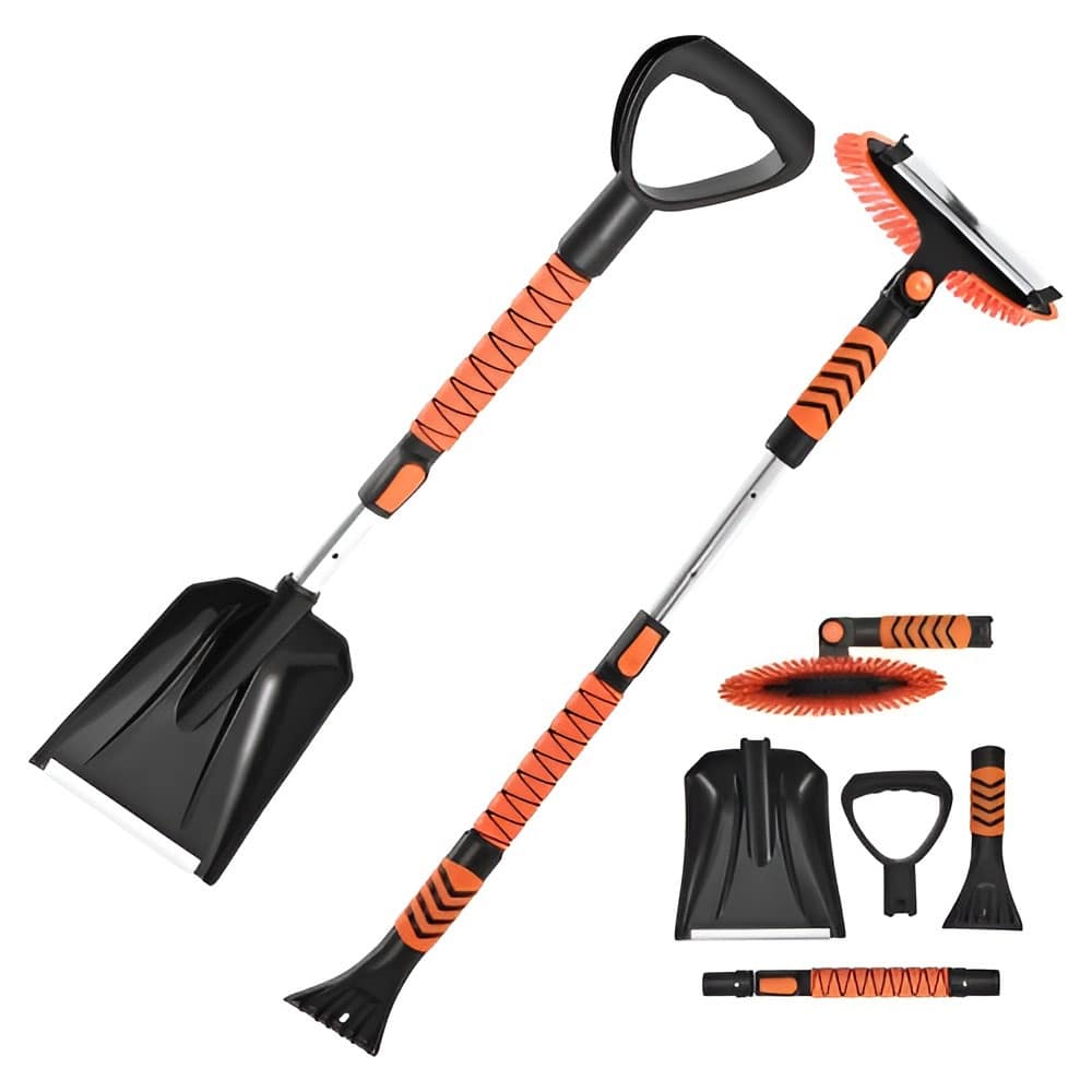 4-in-1 Car Snow Shovel with Rotating Head Telescopic Brush Ice Scraper for Windows and Roofs - Black-39"L