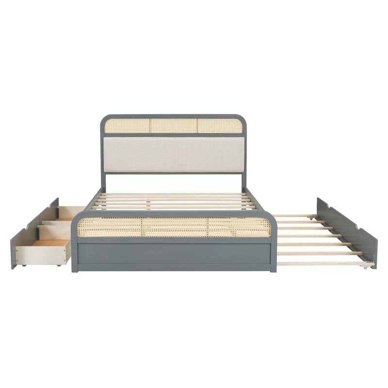 Queen size Wooden Platform Bed with Twin Trundle and 2 Storage Drawers, Classic Rattan Bed Frame with Upholstered Headboard