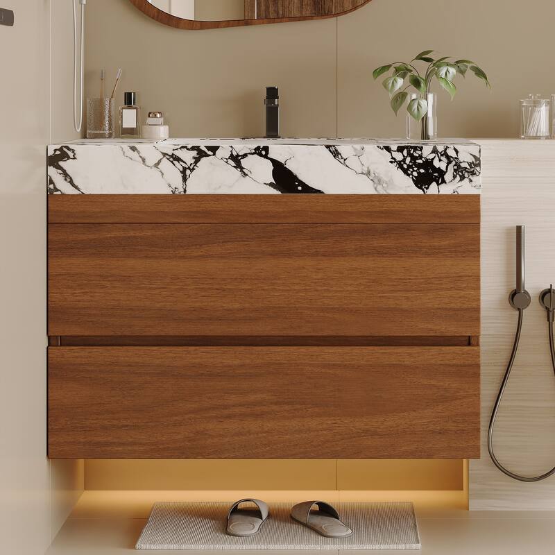 29.9" Modern Floating Bathroom Vanity - Faux Marble Top with Ceramic Undermount Sink, Wall-Mounted for Small Bathrooms - Black
