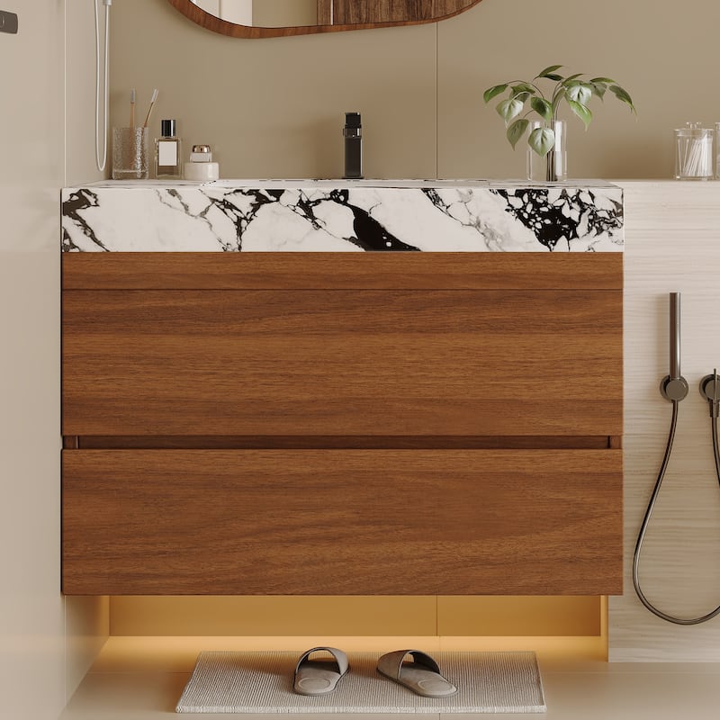 29.9" Modern Floating Bathroom Vanity with Faux Marble Top and Ceramic Undermount Sink, Wall-Mounted for Small Bathrooms