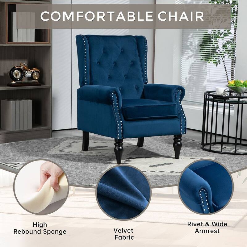 Transitional Wingback Accent Chair Armchair with Sturdy Wood Legs