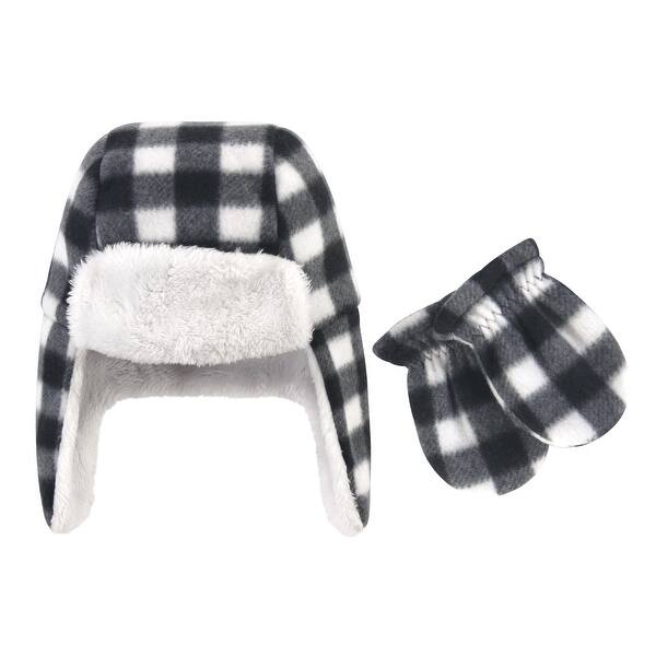 slide 1 of 1, Hudson Baby Infant and Toddler Fleece Trapper Hat and Mitten 2pc Set, Black White Plaid 0-6 Months - Black White Plaid Baby
