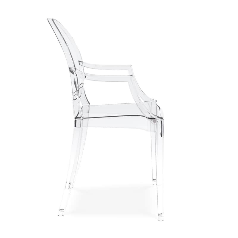 Contemporary Clear Arm Chair with Plastic Frame and King Louis Back for Dining or Accent Use - 36”H x 20”W x 19”D
