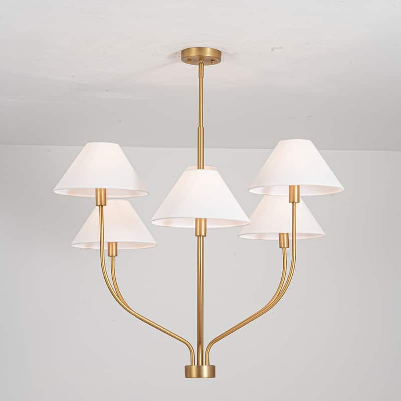 6-Light Modern Gold/Matte Black Sputnik Staggered Large Chandelier with Cone White Fabric Shade