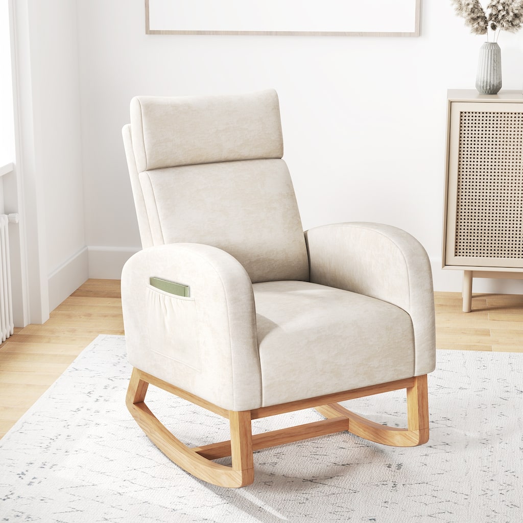 Beige Rubber Wood Rocking Chair with Chenille Fabric, Side Pocket and Ergonomic Design - 36” x 27.5” x 43” (L x W x H)
