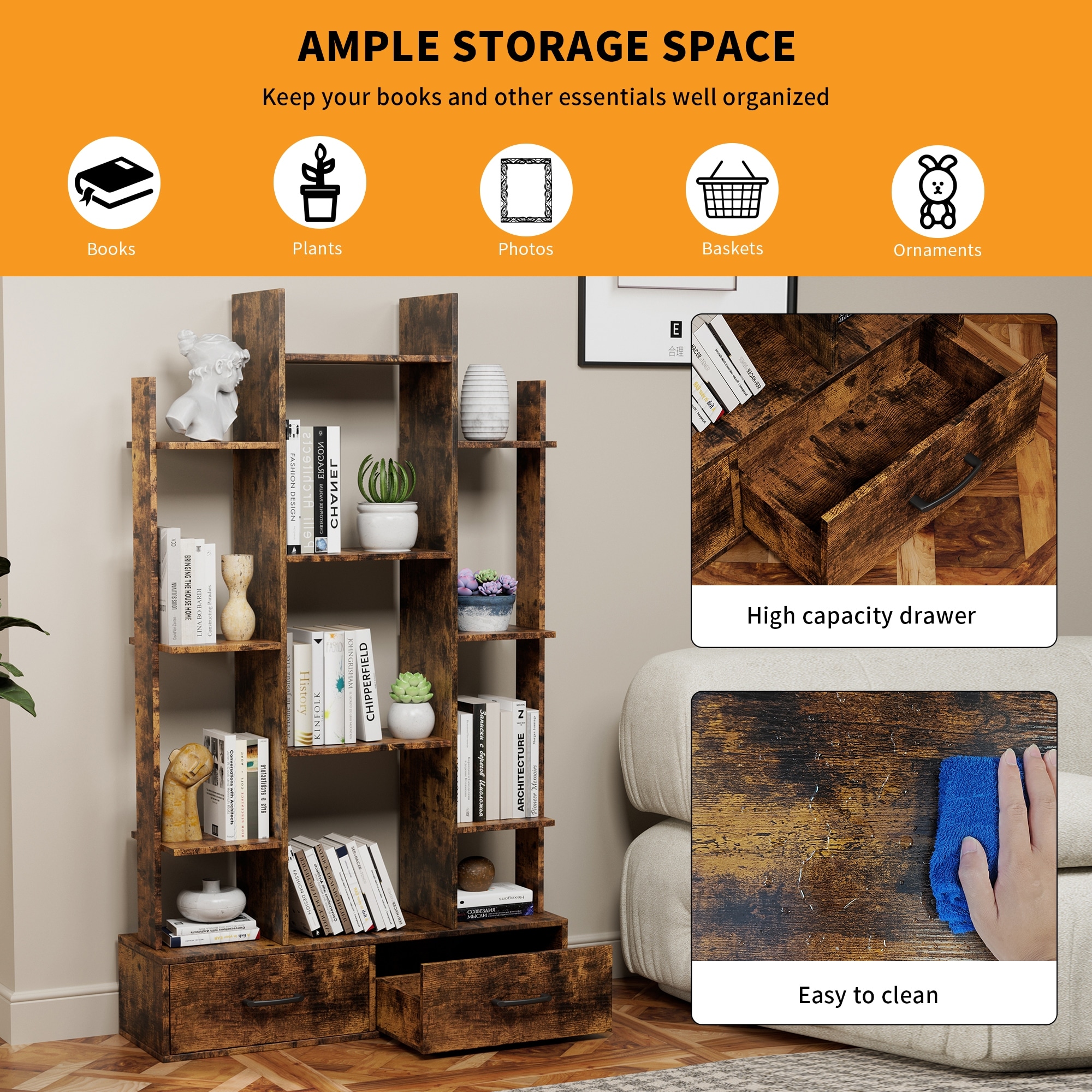 Vintage Open Bookshelf with 2 Drawers and 12 Open Shelves, Anti Slip Foot Pads for Home Office and Bedroom