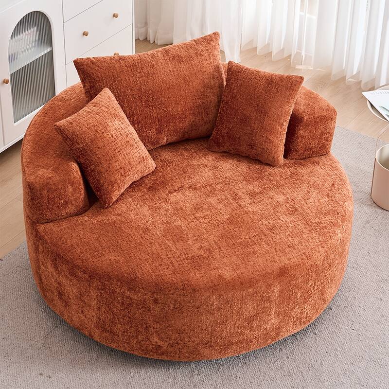Round Accent Chair with High-Resilience Cushions, Swivel Chenille Barrel Chair, Fluffy Sleeper Lounge Chair