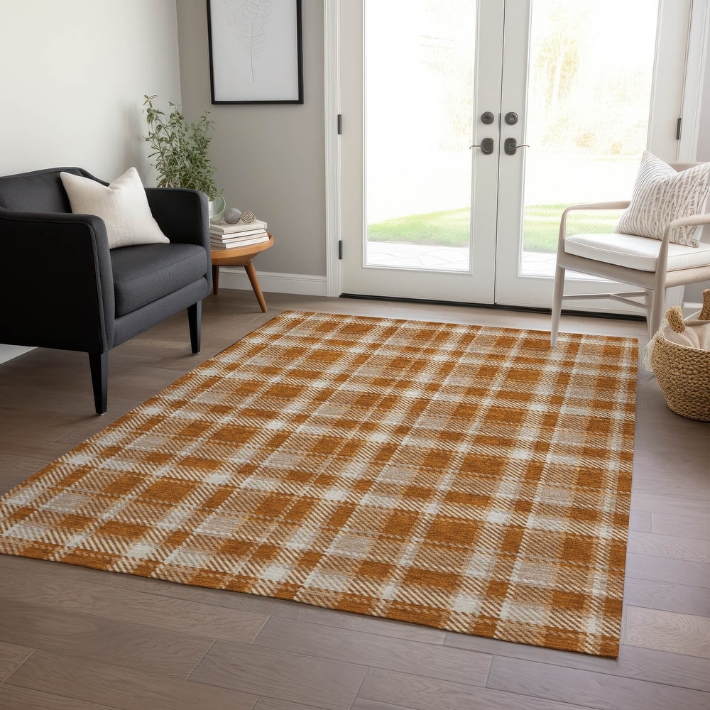 Machine Washable Indoor/ Outdoor Traditional Plaid Chantille Rug