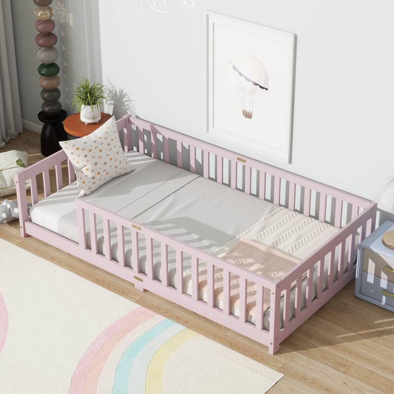 Rubber Wood Twin Size Floor Bed with Fence without Door