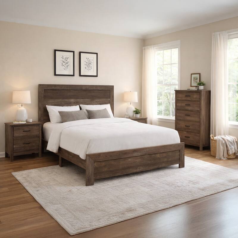 Rustic Panel Design Wooden Queen Size Bed with Block Legs Support, Brown