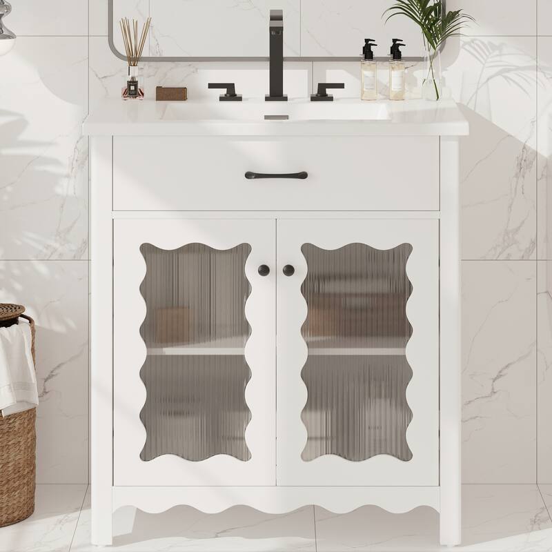 31" Bathroom Vanity with Tempered Glass,Modern Bathroom Cabinet with Rubber Wood legs and Soft close Doors - White