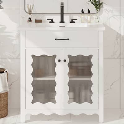 31" Bathroom Vanity with Tempered Glass,Modern Bathroom Cabinet with Rubber Wood legs and Soft close Doors