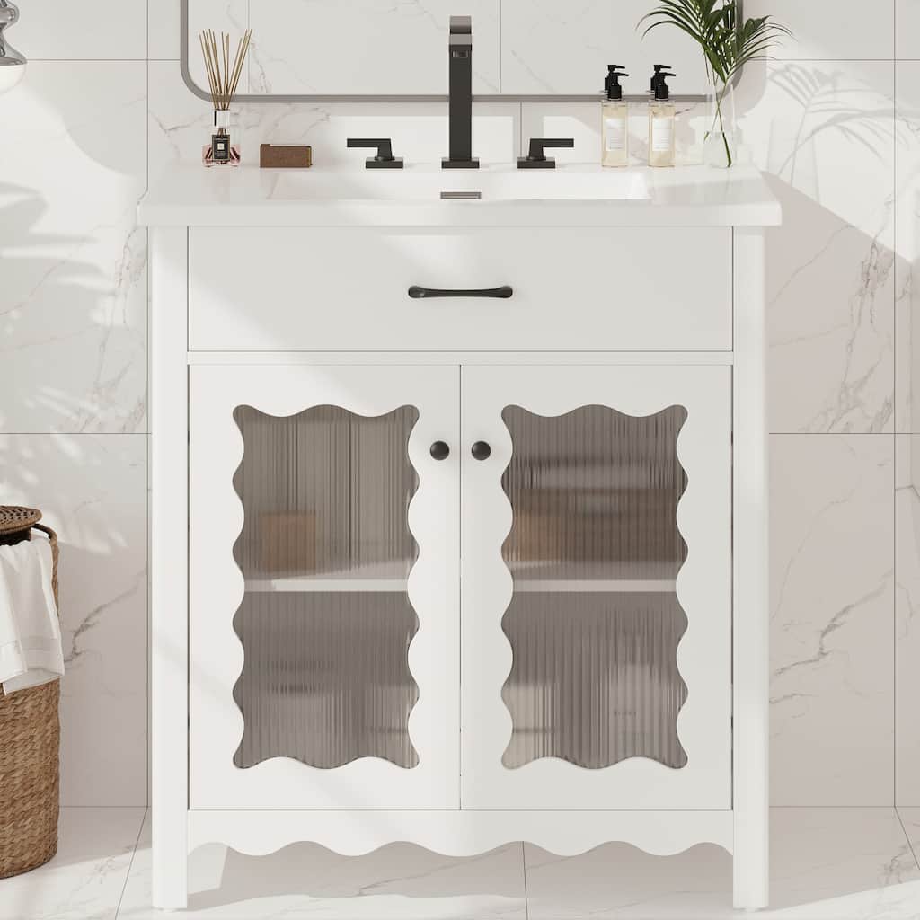 31" Bathroom Vanity with Tempered Glass,Modern Bathroom Cabinet with Rubber Wood legs and Soft close Doors