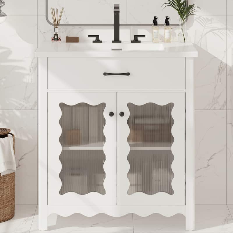 Christopher Knight Home - Alaric 31" Bathroom Vanity with Ceramic Sink and Tempered Glass Door - White