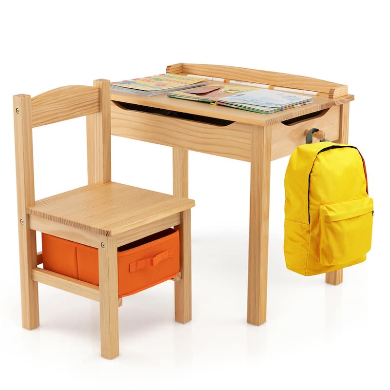 Gymax Kids Table and Chair Set Wood Activity Study Desk w/ Storage - Natural